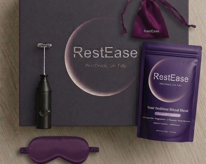 RestEase sleep aid product set including a bottle, eye mask, and packaging on a wooden surface.