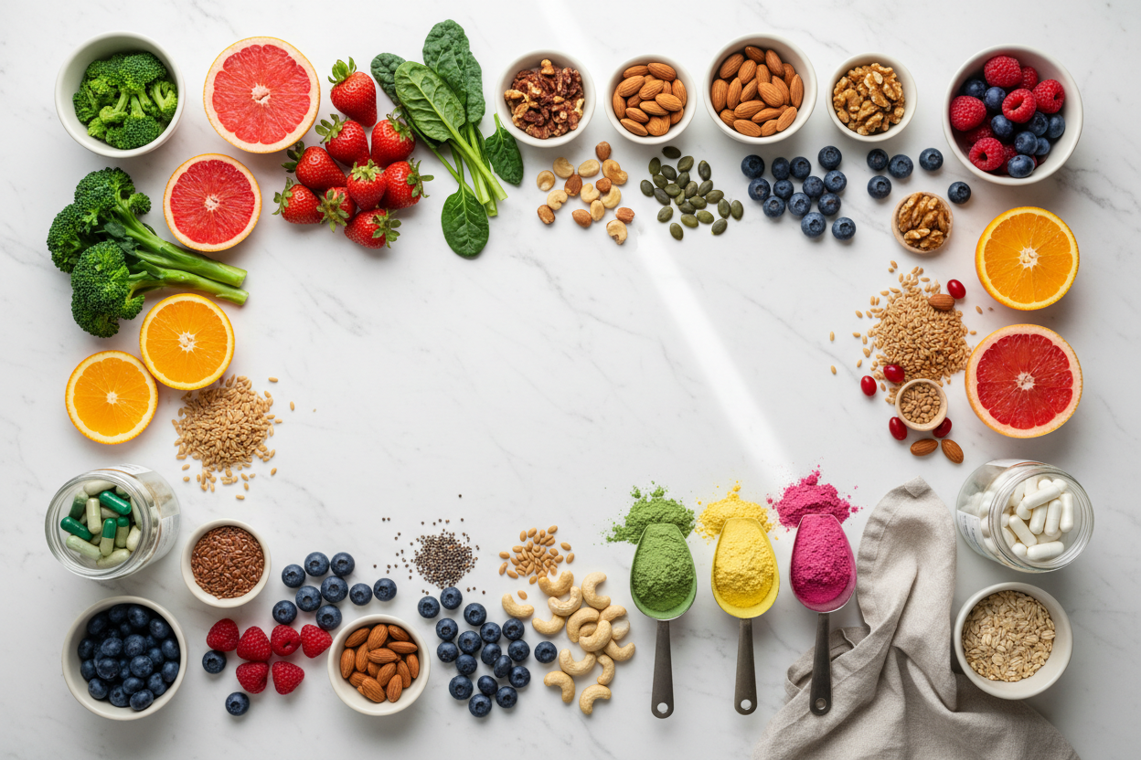 Natural food and supplement ingredients rich in magnesium and L-theanine supporting the body's own melatonin production through nutritional rather than hormonal supplementation