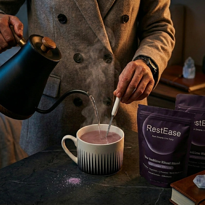 man prepares for restease sleep drink before bed to improve sleep quality and fall sleep faster