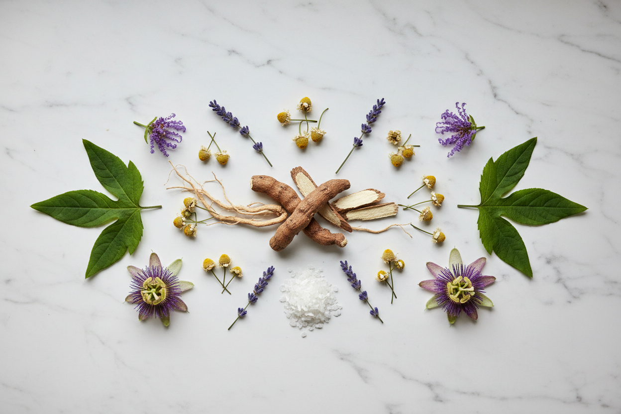 Natural botanical sleep supplement ingredients including herbs and minerals that support non-habit-forming sleep without creating receptor downregulation or hormonal dependency