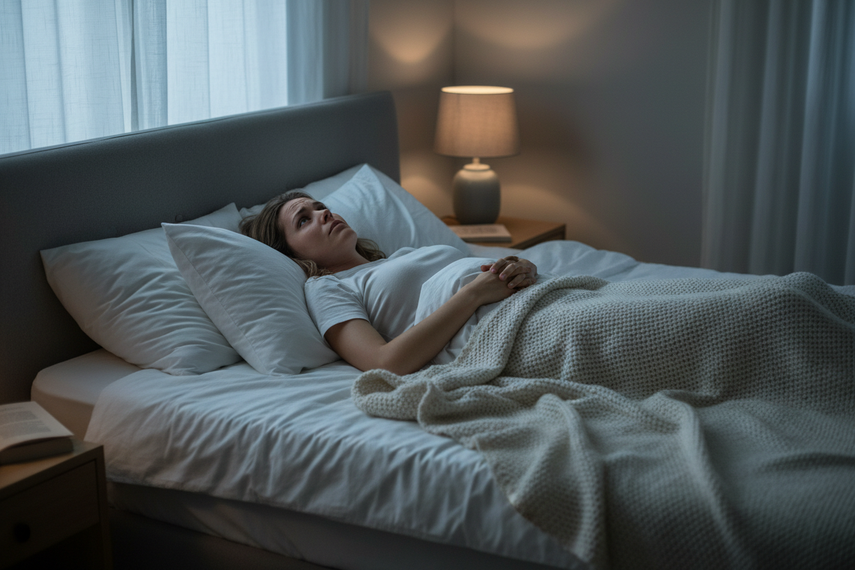 Woman lying awake unable to sleep despite taking melatonin supplement — demonstrating that melatonin addresses the wrong mechanism for stress-driven insomnia