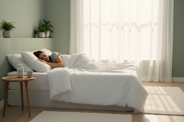 woman peacefully sleeping in a bright bedroom with morning sunlight filtering through sheer curtains and a bottle of vitamins on the nightstand