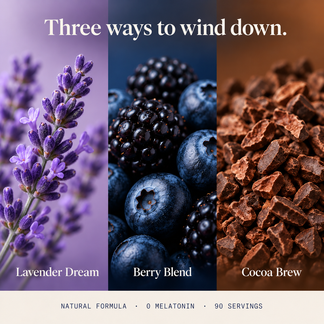 RestEase Bedtime Ritual Blends are arranged on beige stone blocks with decorative lavender, berries, and cocoa powder. The pouches are purple, navy blue, and brown, representing different flavor options.