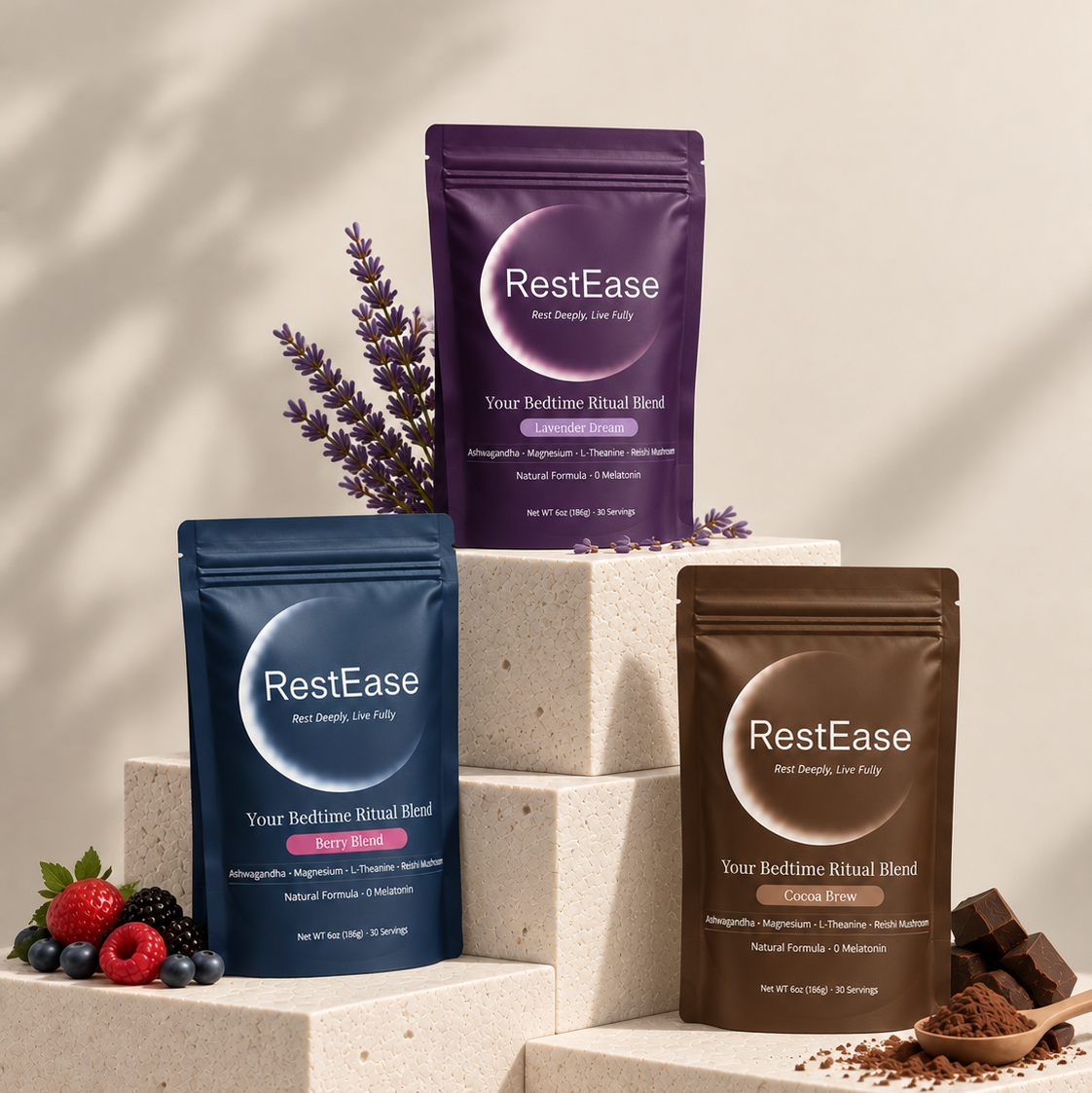 RestEase Bedtime Ritual Blends are arranged on beige stone blocks with decorative lavender, berries, and cocoa powder. The pouches are purple, navy blue, and brown, representing different flavor options.