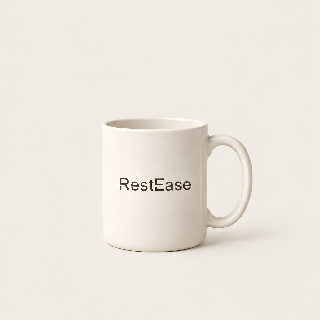 A white ceramic coffee mug with the brand name 'RestEase' printed in black sans-serif font on the front, set against a solid off-white background.