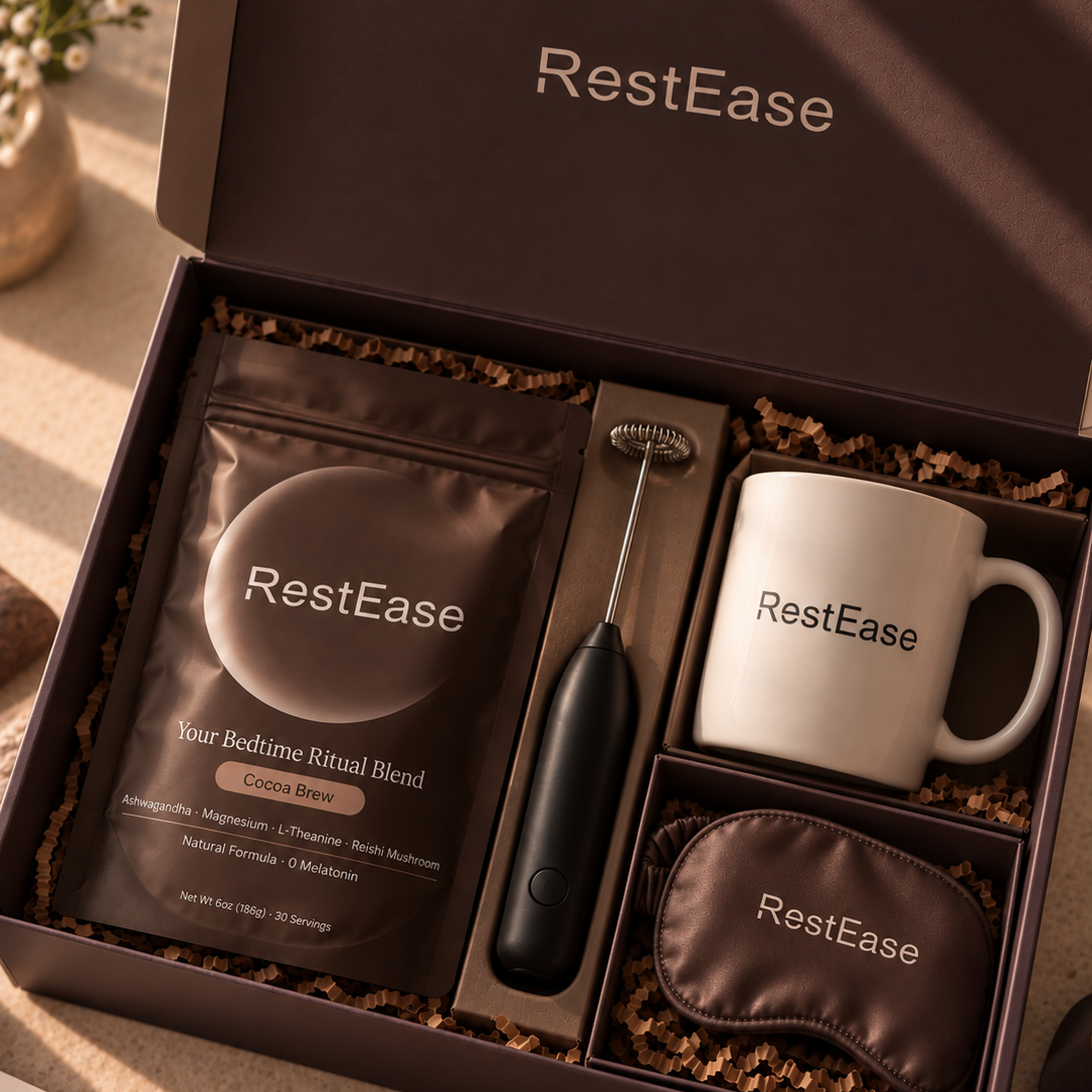 RestEase Cocoa Brew arranged on a light neutral surface with soft shadows, including a large dark plum gift box, a white mug with RestEase branding, a brown ritual blend pouch, a black handheld frother with whisk attachment, a dark plum drawstring pouch, and a matching plum sleep mask.