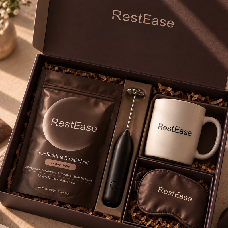 A RestEase gift set displayed in an open brown box, including a pouch of 'Your Bedtime Ritual Blend' cocoa powder, a white ceramic mug, a black frother, and a brown satin sleep mask, all branded RestEase.