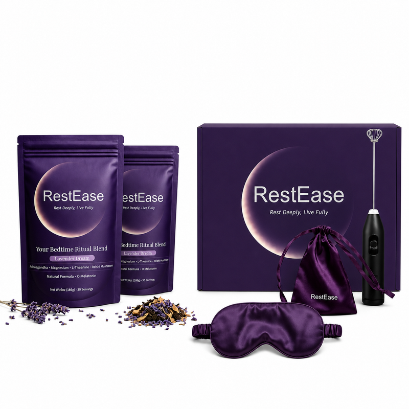 RestEase sleep support kit featuring two purple pouches of botanical blend, a matching purple gift box, a black electric milk frother, a purple satin sleep mask, and a drawstring pouch on a white background.