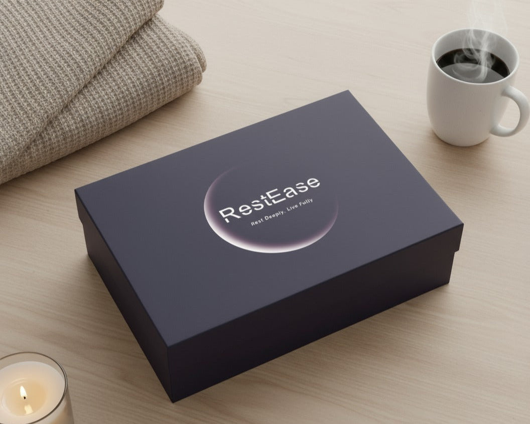 RestEase valued sleep pack on a wooden surface with a cup of coffee and candle