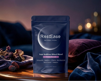 RestEase berry blend package on a wooden surface with a blurred night scene in the background