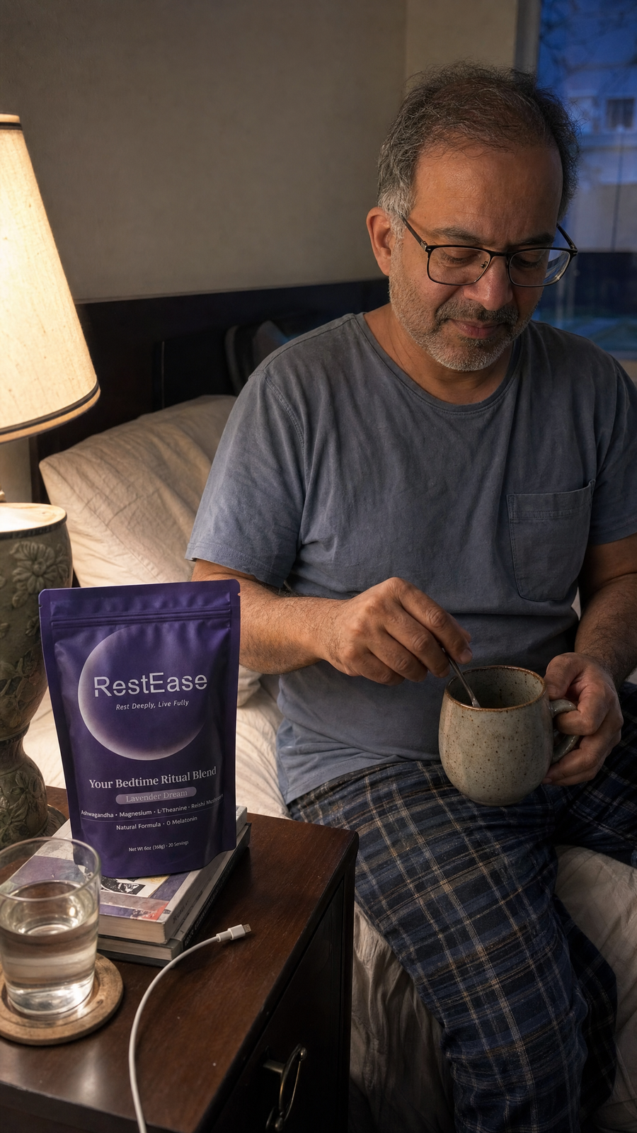 RestEase customer with pouch and evening drink