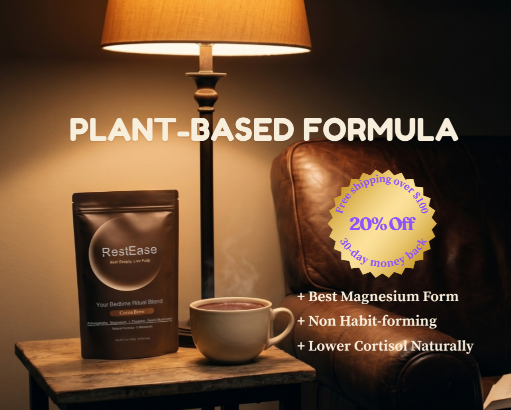 RestEase Cocoa Brew package with a cup of coffee on a wooden table, lamp, and leather chair in the background.