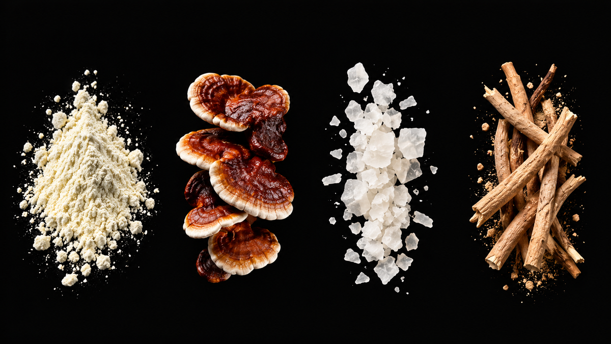 Magnesium powder, reishi mushroom, L-theanine crystals and ashwagandha root