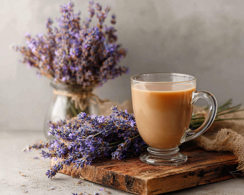 Soothing warm beverage with lavender elements, representing a natural sleep aid used to help the body unwind and achieve the quality rest needed for high daytime vitality