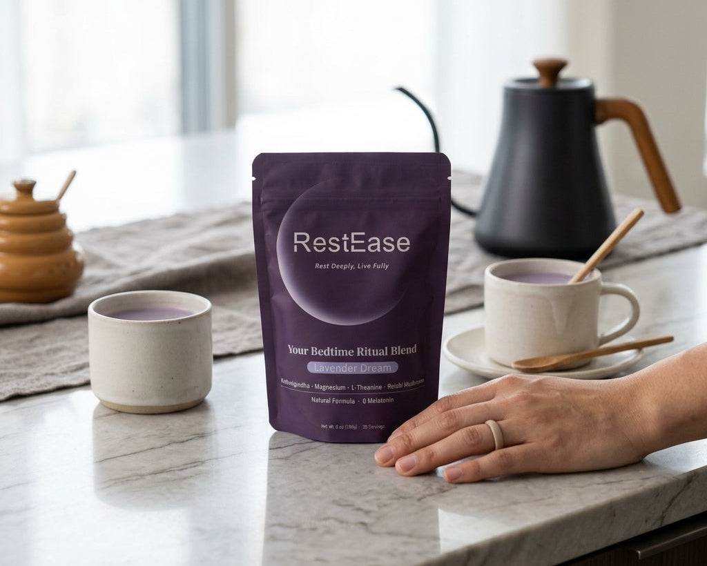 RestEase Lavender Dream tea package on a kitchen counter with two cups and a teapot.
