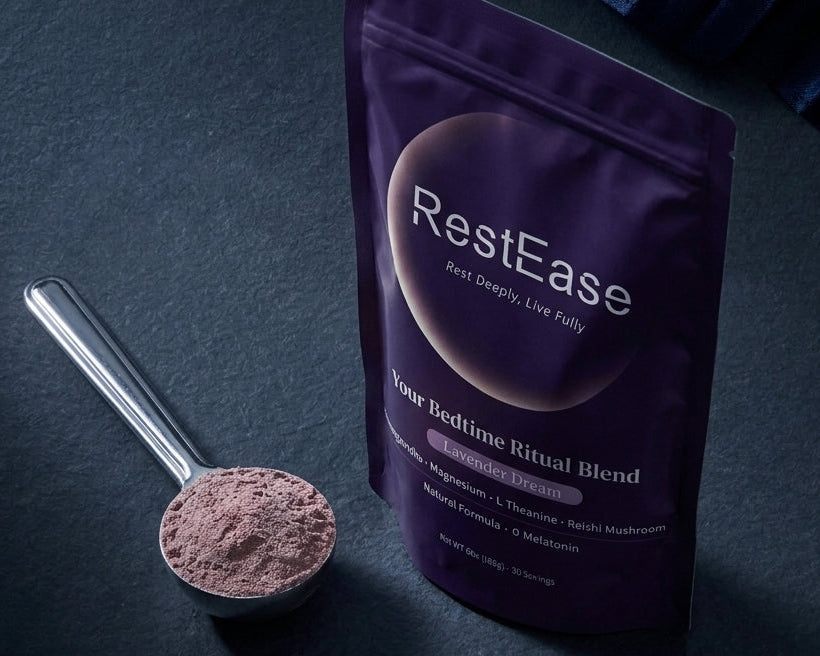 RestEase Lavender Dream purple package with a scoop of powder on a dark surface