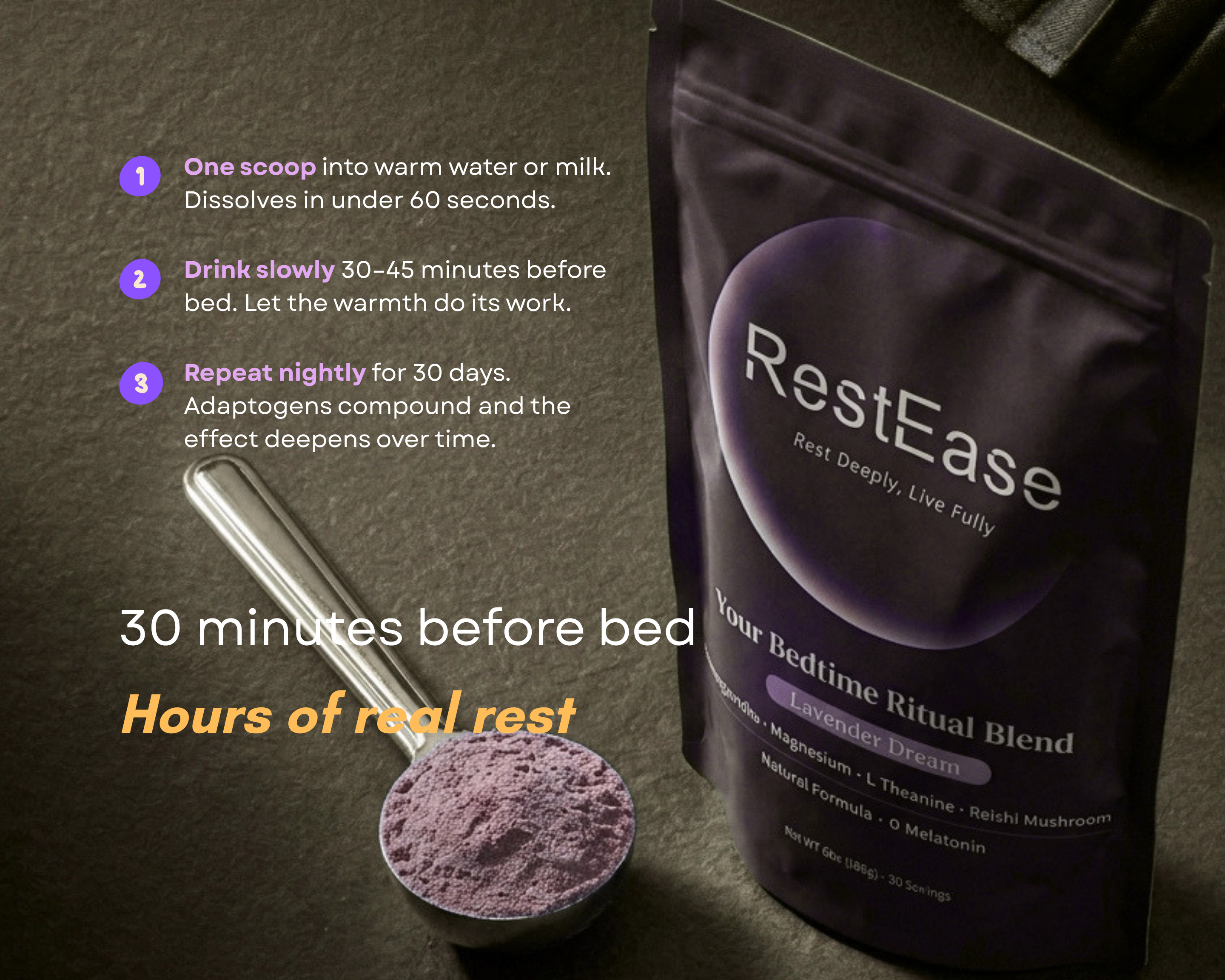 RestEase Lavender Dream with instructions and a spoonful of powder on a dark background