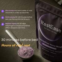 RestEase Lavender Dream with instructions and a spoonful of powder on a dark background