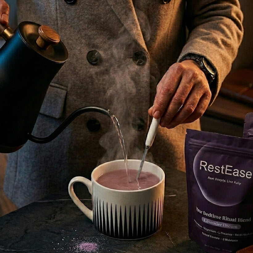 RestEase Lavender Dream is being poured into a mug with RestEase packaging in the background