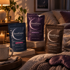 Three stand-up pouches of RestEase ritual blends are arranged on stone blocks in a cozy bedroom setting. The pouches are dark blue, deep purple, and dark brown, with the brand name 'RestEase' clearly visible on each.