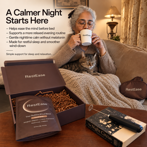 RestEase Cocoa Brew helps an older woman sitting on a couch with a cat, holding a white mug branded RestEase. An open RestEase product box sits on the table beside a book and a small accessory, with marketing text on the left.