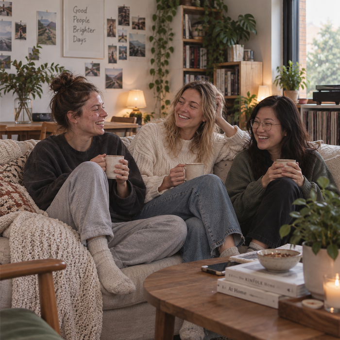 Three women laughing and relaxing on a beige sofa in a cozy, plant-filled living room. They are holding white mugs, with a wooden coffee table in the foreground and warm lamps glowing in the background.