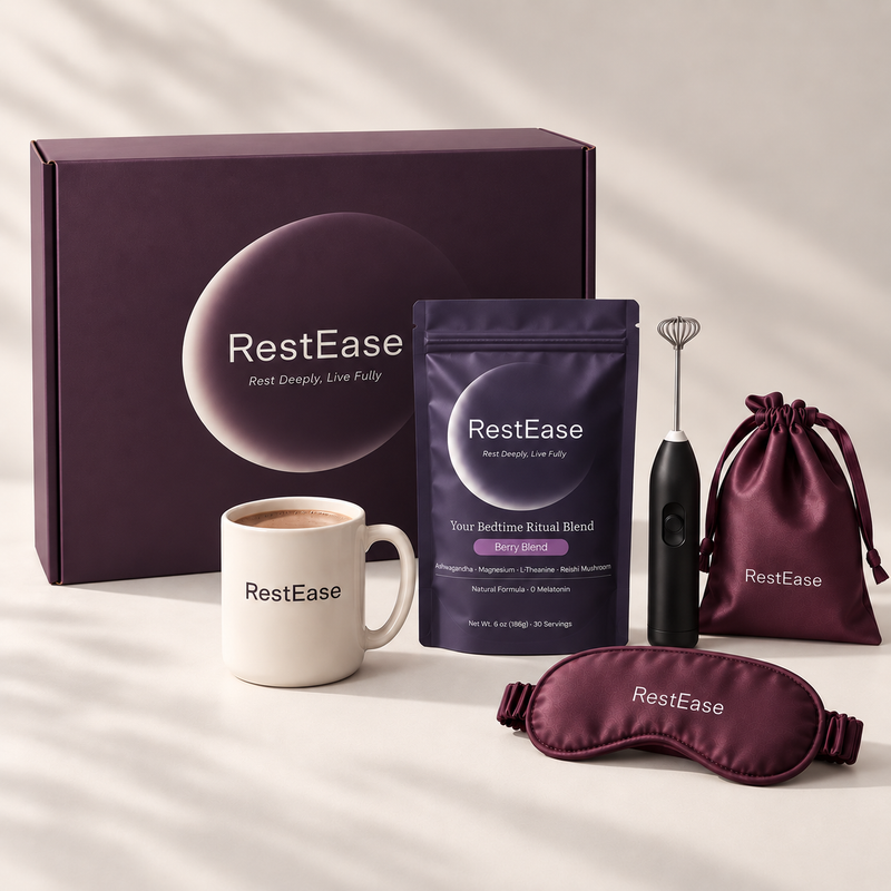 RestEase gift set featuring a dark purple branded box, coffee pouch, black frother, matching purple drawstring bag, and a purple sleep mask, arranged on a light beige surface with soft window shadows.
