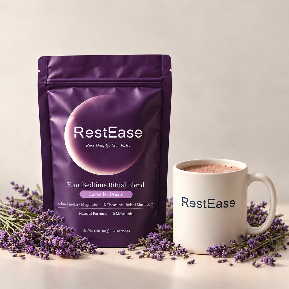 RestEase Lavender Dream herbal supplement stands next to a white ceramic mug with the RestEase logo, surrounded by scattered lavender sprigs on a light beige surface against a neutral background.