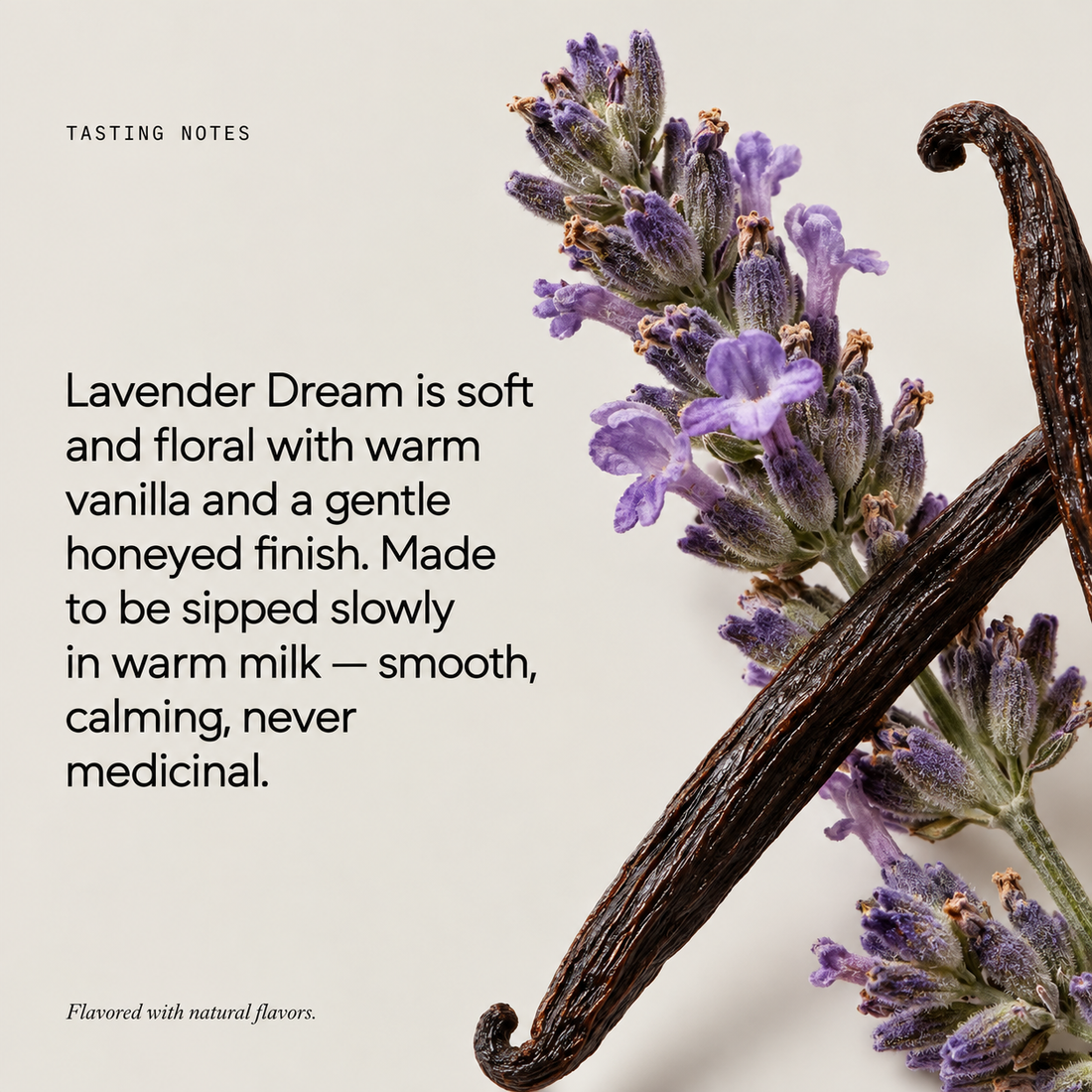 RestEase Lavender Dream herbal supplement stands next to a white ceramic mug with the RestEase logo, surrounded by scattered lavender sprigs on a light beige surface against a neutral background.