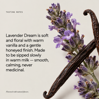 RestEase Lavender Dream product on a warm off-white background, with purple lavender flowers and dark vanilla pods shown as visual cues.