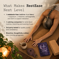 RestEase Lavender Dream and a streching woman. Visible product items include a purple RestEase pouch, a rolled purple strap, a yoga block, and a cup of tea.