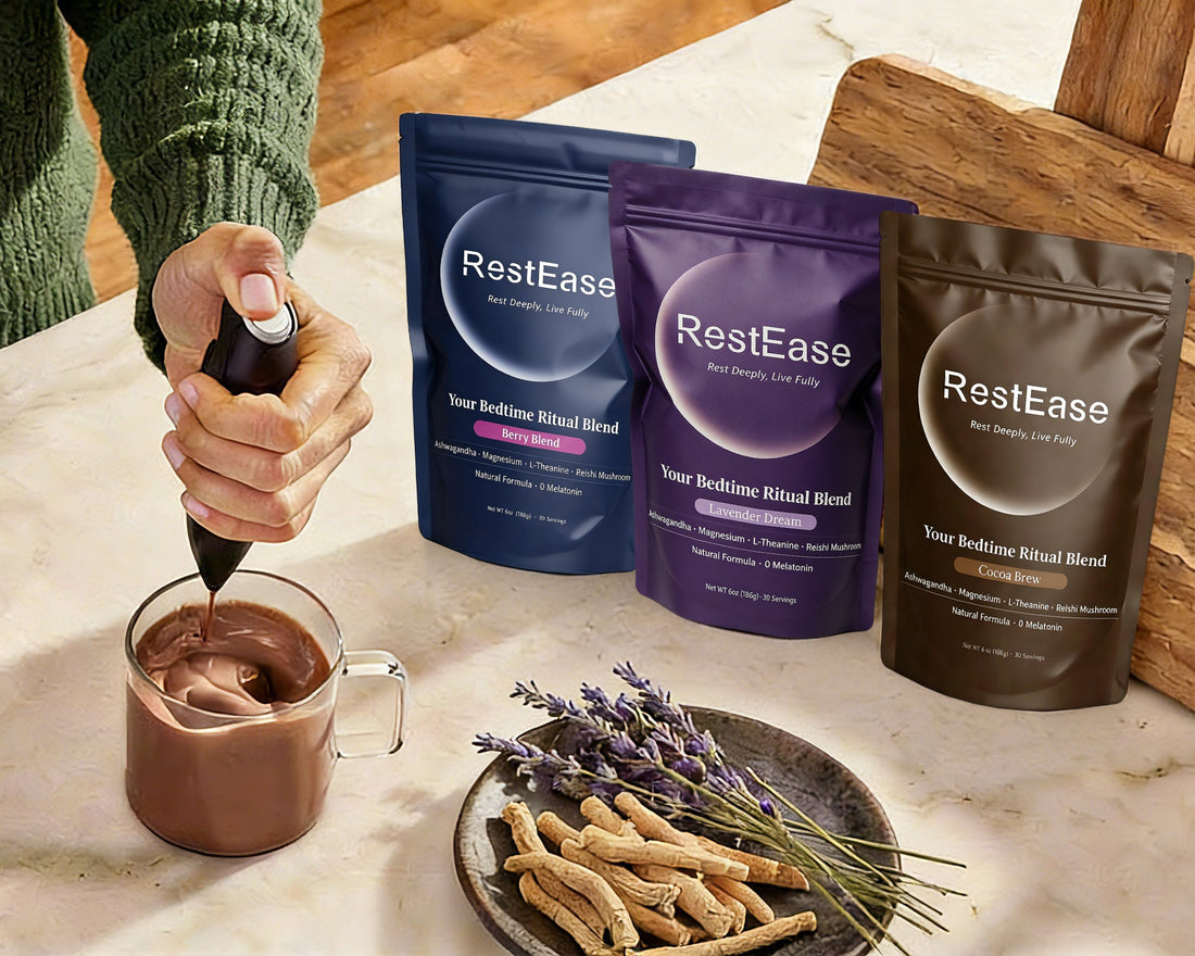 Person making a hot drink with RestEase products on a marble surface.