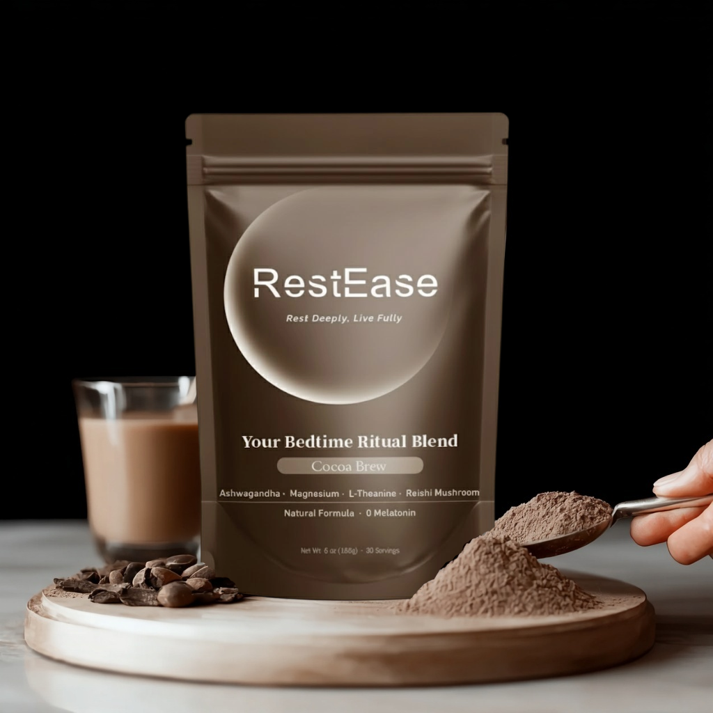 RestEase Cocoa Brew packaging with a spoonful of powder and a glass of cocoa drink.