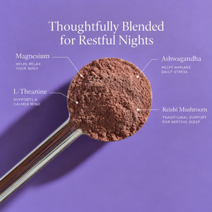 A spoonful of brown herbal powder on a purple background with text labels identifying ingredients: Magnesium, Ashwagandha, L-Theanine, and Reishi Mushroom.