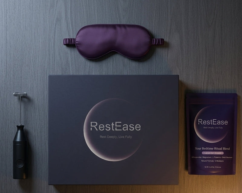 RestEase sleep aid product set including eye mask, box, and packets on a wooden surface.