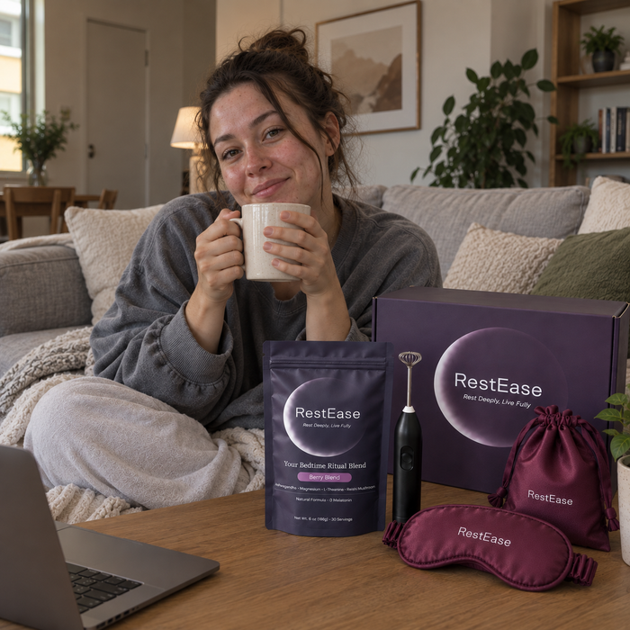 A woman relaxes on a couch holding a mug, with a RestEase sleep support kit displayed on a table in front of her. The kit includes a purple box, a dark pouch labeled Sleep Support Visual Blend, a black handheld device, a purple drawstring bag, and a purple sleep mask.