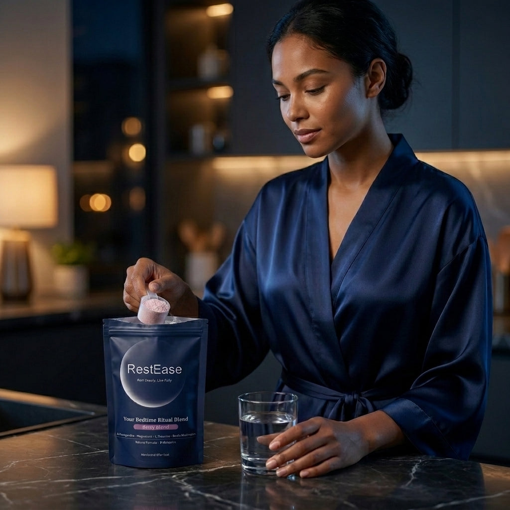 RestEase Berry Blend is held by a woman in a navy satin robe 